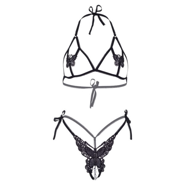 LEG AVENUE - SET DOS PIEZAS SUJETADOR Y TANGA DE MARIPOSAS Y PERLAS TALLA UNICA - NEGRO - Imagen 5