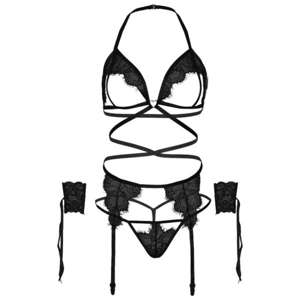 LEG AVENUE SET CUATRO PIEZAS SUJETADOR, LIGUERO, TANGA Y PUÑOS TALLA UNICA - NEGRO - Imagen 5