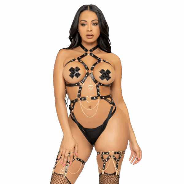 LEG AVENUE - KINK - TEDDY ARNÉS CON ARO DE CORAZÓN TALLA S - NEGRO