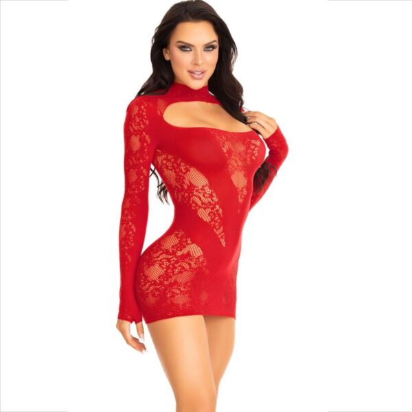 LEG AVENUE - MINI VESTIDO DE ENCAJE CON MANGA LARGA ROJO - Imagen 2