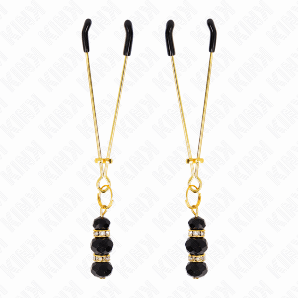 KINK - PINZAS PARA PEZONES DORADA FINA CON TRIPLE BOLA DE VIDRIO NEGRO 7 CM - Imagen 2