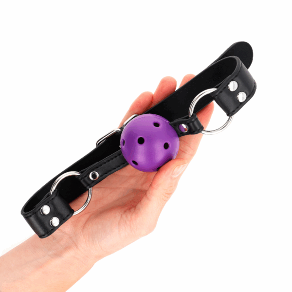 KINK - MORDAZA DE BOLA 4 CM TRANSPIRABLE CON DOBLE REMACHE MORADO 62 x 2.5 CM AJUSTABLE 42-58 CM - Imagen 3