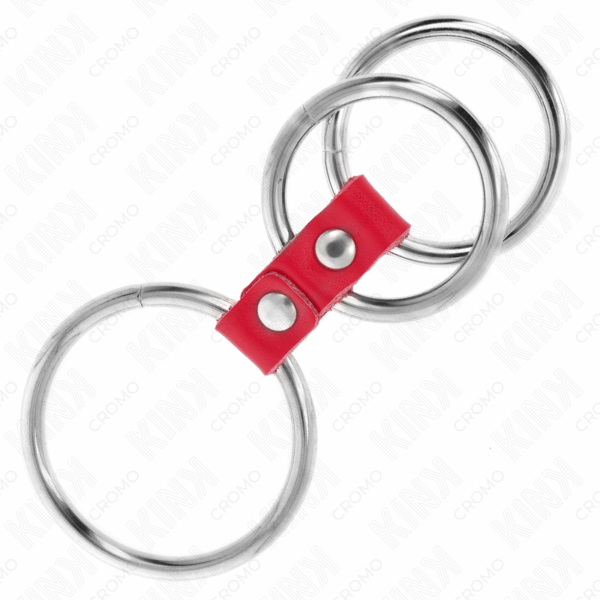 KINK - ANILLO PENE TRIPLE METAL 3.7 CM A 5 CM CONECTADOS CON CUERO ROJO - Imagen 3