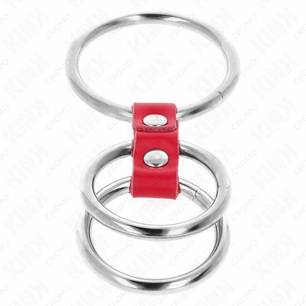 KINK - ANILLO PENE TRIPLE METAL 3.7 CM A 5 CM CONECTADOS CON CUERO ROJO - Imagen 4