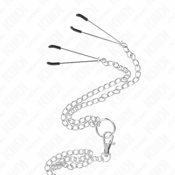 KINK - ANILLO PENE TRIPLE METAL CROMADO 3.8 CM A 5 CM CADENA METAL 26 CM Y PINZAS PARA PEZONES MODELO 2 - Imagen 4