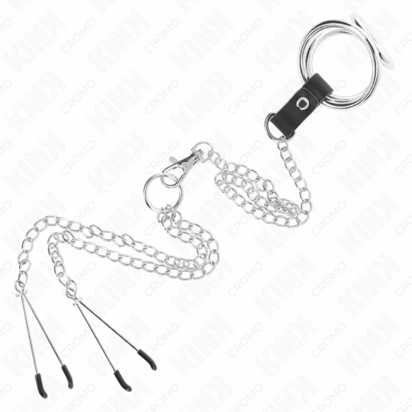 KINK - ANILLO PENE TRIPLE METAL CROMADO 3.8 CM A 5 CM CADENA METAL 26 CM Y PINZAS PARA PEZONES MODELO 2 - Imagen 5