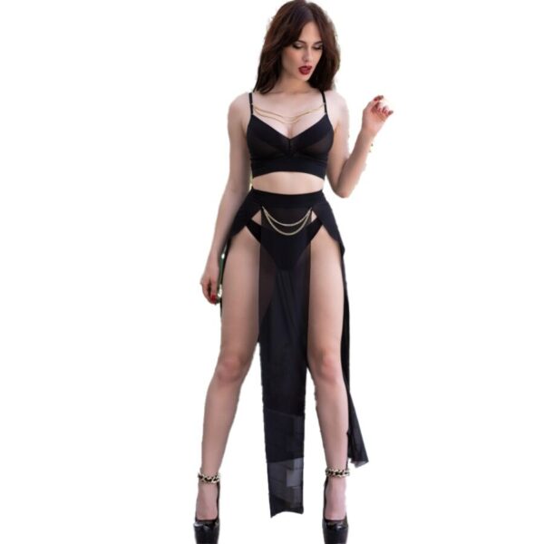 CHILIROSE - CR 4672 TOP NEGRO FALDA Y TANGA CON CADENAS DORADAS S - Imagen 2