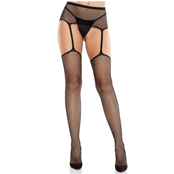 LEG AVENUE - MEDIAS DE ENCAJE CON CRUZ Y PORTALIGAS NEGRO